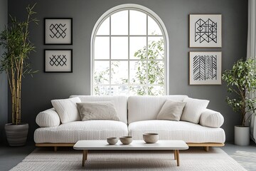 A modern Japani interior in the living room with minimalist, arched windows and white boucle sofa.
