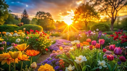 Fototapeta premium Stunning Spring Garden at Sunset with Blurred Background for Night Photography