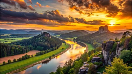 Naklejka premium Stunning Steinbrech Landscape at Sunset with Majestic Mountains and Lush Greenery