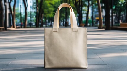 Simple beige tote bag standing on pavement in an urban park setting with trees and buildings in the background.