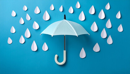 Colored umbrellas on a yellow background and paper raindrops. Conceptuality and place for the text