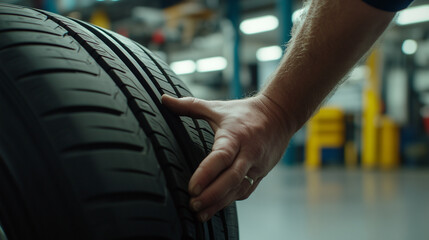 A close-up of a mechanicâs hand working on a tire in a service garage, with the workshopâs organized environment and technical tools blurred in the background, symbolizing efficien
