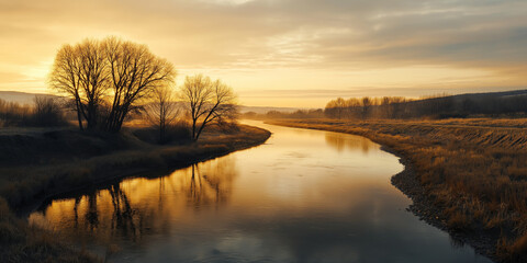 Fototapeta premium Serene Winter River at Twilight with Painterly Precision