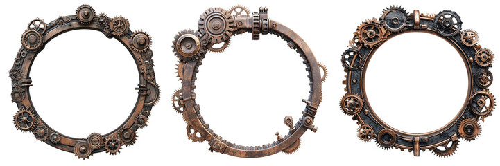 Three steampunk gears frames, detailed design, white isolate background. on transparent cutout, PNG file