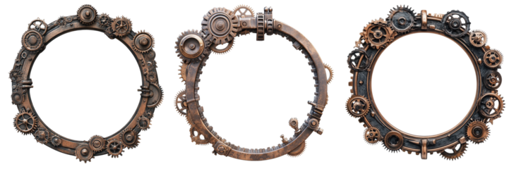 Three steampunk gears frames, detailed design, white isolate background. on transparent cutout, PNG file
