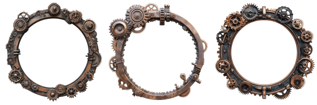 Three steampunk gears frames, detailed design, white isolate background. on transparent cutout, PNG file