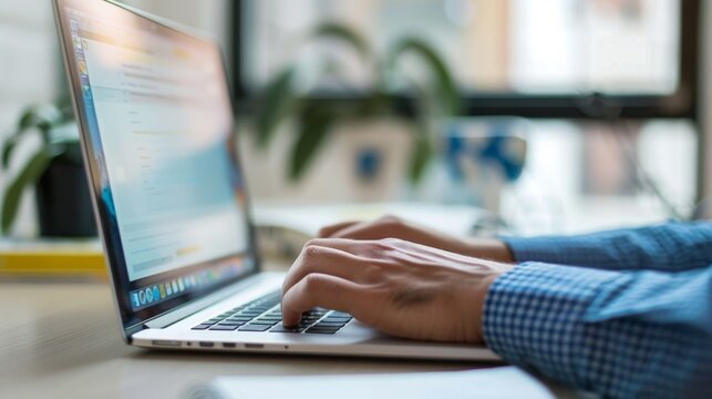 Hands typing on a sleek laptop in a modern workspace