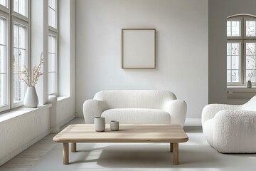 Fototapeta premium Minimalist, contemporary japandi interiors in the living room with white walls and boucle sofas and windows hanging with art frames. Generative AI 