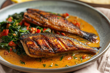 Grilled fish with sautéed greens and sauce. Close-up of two grilled fish fillets served on a bed of sautéed greens with a flavorful sauce, garnished with diced tomatoes