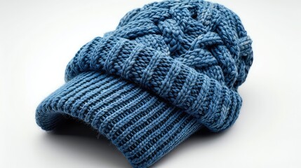 Knitted hat on a white background close-up.