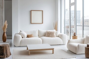 Fototapeta premium Minimalist, contemporary japandi interiors in the living room with white walls and boucle sofas and windows hanging with art frames. Generative AI 
