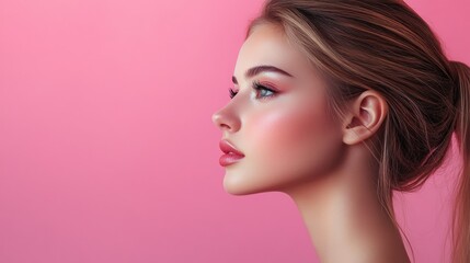 Fototapeta premium A young woman with long blonde hair, wearing makeup, looks to the side against a pink background.