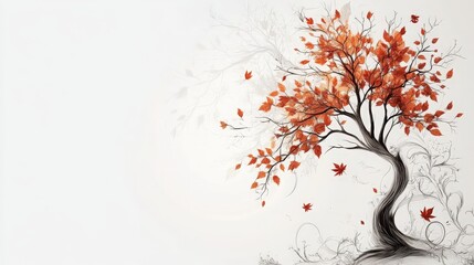Elegant white background featuring a finely drawn autumn tree and intricate plant designs