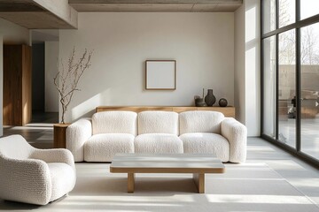Fototapeta premium A modern japandi interior in the living room with minimalist, fluffy white boucle sofas and tables. Generative AI 