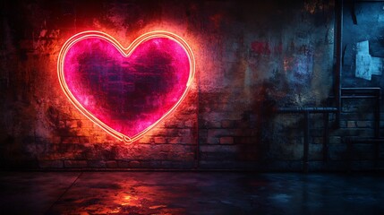 Vector neon heart frame pulsating glow set against a dark wall background perfect for a sleek and modern Valentine's Day layout with bold lighting effects