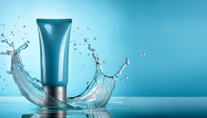 Tube of cosmetic products and splashing water on light blue background. Space for design