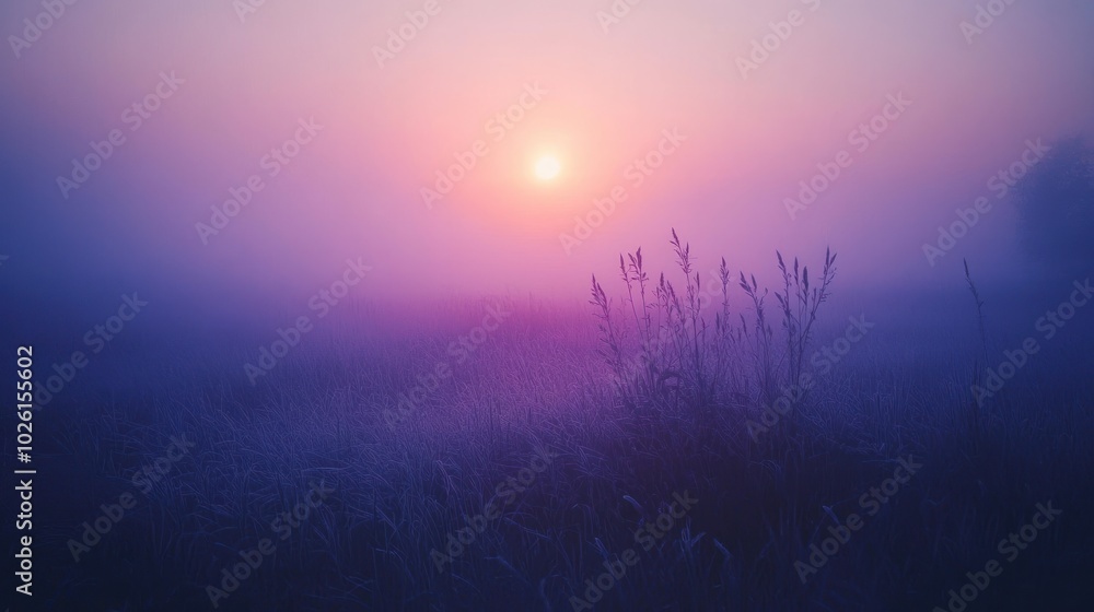 Poster field at sunset with mist and fog - featuring a field shrouded in mist and fog as the sun sets, crea