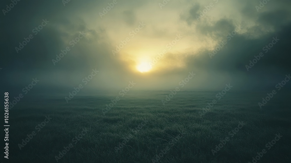 Poster field at sunset with mist and fog - featuring a field shrouded in mist and fog as the sun sets, crea