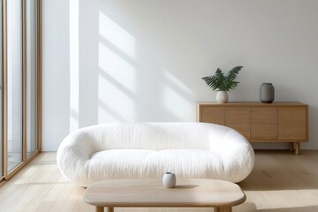 Minimalist, modern japandi interiors in the living room with boucle sofas and wood cabinets finished in white. Generative AI
