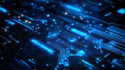 Futuristic abstract blue circuit lines on a dark background representing technology and innovation Close-up photo with clean background
