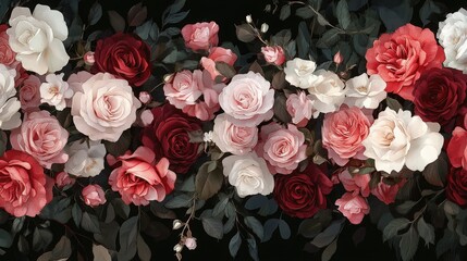 Sophisticated floral border with pink, red, and white roses. The intricate rose designs and rich colors add a touch of elegance and beauty