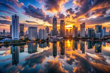 Fototapeta premium Surreal Bangkok Sunrise Over Business District at Twilight - Dreamlike Cityscape Photography