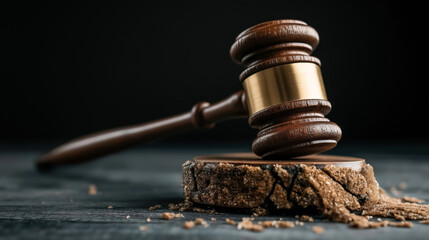 Close-up of a judge's gavel resting on a cracked and broken sounding block on a dark surface, symbolizing justice and legal authority challenges.
