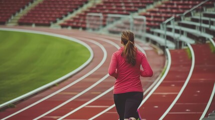 Fototapeta premium Woman running on a track, stadium seats empty, determination on her face