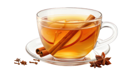Spiced tea with cinnamon sticks and star anise in a clear cup. The aromatic spices emphasize warmth and comfort, creating a cozy beverage experience