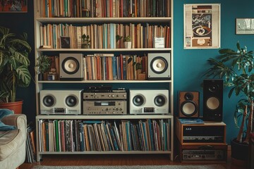 Obraz premium Books, Records, and Stereo Equipment on a Shelf