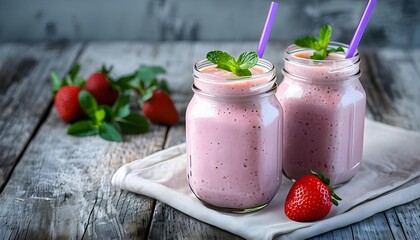Fresh strawberry smoothies in mason jars, vibrant pink on rustic wooden table, healthy living