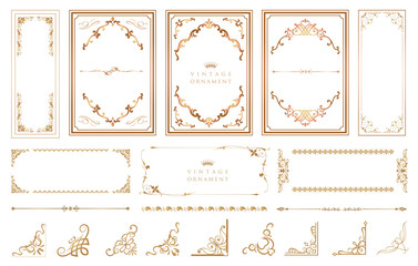 Antique gold picture borders or deco divider. Retro ornamental frame, vintage rectangle ornaments and ornate border. Decorative wedding frames. Isolated icons vector set..eps
