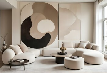 A modern and minimalist living room with a large curved beige sofa, a round coffee table, and a large abstract artwork on the wall.