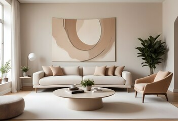 A modern and minimalist living room with a large curved beige sofa, a round coffee table, and a large abstract artwork on the wall.