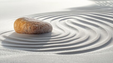 A Smooth Stone Resting on White Sand With Rippled Patterns