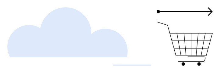A shopping cart moves toward a cloud graphic symbolizing the integration of e-commerce with cloud storage. Ideal for online shopping, cloud computing, digital marketplace, tech innovation, and modern