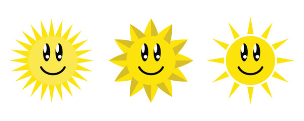 Set of cute sun emoji with smiling face, sunshine emoji, sun mascot emoticon on sunny weather. Sun vector iillustration