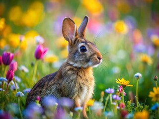 Fototapeta premium Tilt-Shift Cottontail Rabbit in a Lush Meadow - Nature Photography