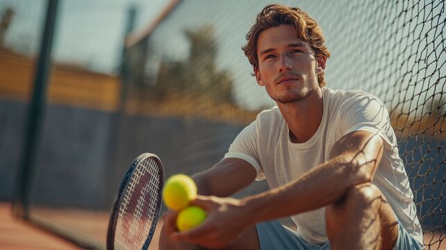 A man is sitting on a tennis court holding two tennis balls