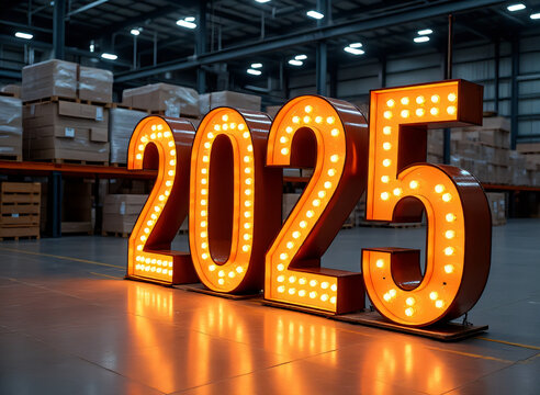 Implementing the New Year's theme involves utilizing warehouse machinery to display numerical displays for the year 2025._00001_