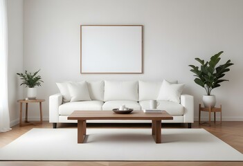 Fototapeta premium A modern, minimalist living room with a white sofa, wooden coffee table, and a blank wall with a frame.