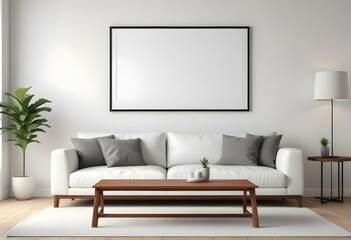 Fototapeta premium A modern, minimalist living room with a white sofa, wooden coffee table, and a blank wall with a frame.