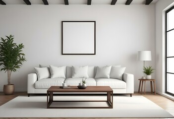 A modern, minimalist living room with a white sofa, wooden coffee table, and a blank wall with a frame.