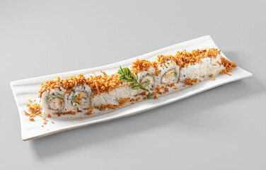 uramaki tory fry with fried chicken served on a long ceramic plate and white background © Lorenzo Dottorini
