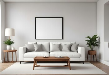 A modern, minimalist living room with a white sofa, wooden coffee table, and a blank wall with a frame.