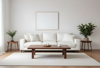 A modern, minimalist living room with a white sofa, wooden coffee table, and a blank wall with a frame.