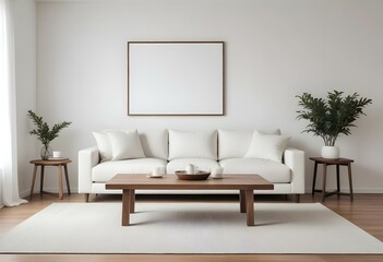 Fototapeta premium A modern, minimalist living room with a white sofa, wooden coffee table, and a blank wall with a frame.