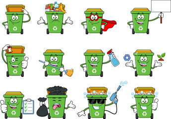 Green Recycle Trash Bin Cartoon Character. Vector Hand Drawn Collection Set Isolated On Transparent Background