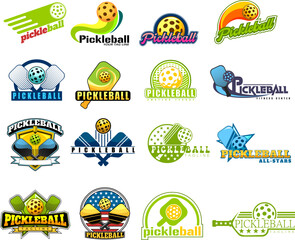 PickleBall Graphic Logo Designs. Vector Hand Drawn Collection Set Isolated On Transparent Background