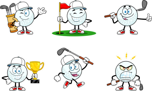 Cute Golf Ball Cartoon Mascot Character. Vector Hand Drawn Collection Set Isolated On Transparent Background